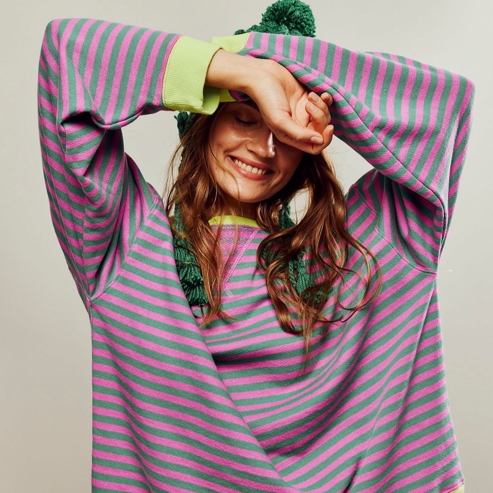NWT We the Free Free People Classic Striped Oversized Crewneck in Pink Combo XS